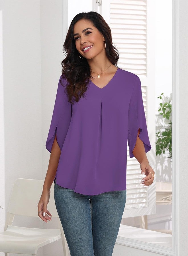 LAOLASI 2025 Blouses for Women Autumn 3/4 Sleeve V Neck Casual Dressy Blouse Work Cute Ladies Tops Shirts,Purple,L - Image 5